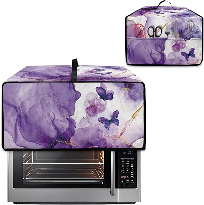 Countertop Microwave Oven Cover with Side Pockets, Dust Protection Small Appliance Toaster Ovens Dust Cover, S, 14.5 x 18.5 x 9 Inches, Violet White Marble Butterfly