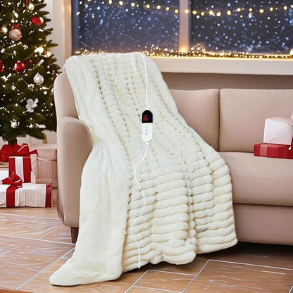 Heated Blanket 90"X100",Fast Heating Blanket with 6 Heat Levels 10 Hours Auto-Off Overheat Protection,Stripe Faux Rabbit Fur Soft Warm, ETL Certified,Cream