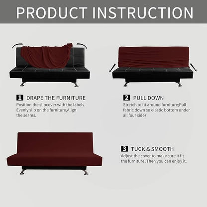 Easy-Going Stretch Futon Slipcover Armless Sofa Cover Furniture Protector Without Armrests Slipcover Soft with Elastic Bottom for Kids, Spandex Jacquard Fabric Small Checks(futon,Wine)