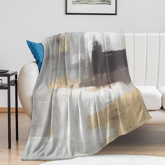Fashion Gradient Blanket, Modern Abstract Baroque Grey Glod Painting Strokes Pattern Soft Warm Cozy Plush Flannel Covers for Livingroom Bedroom Couch Chair Camping Travel Home Decor Tapestry 40x50in
