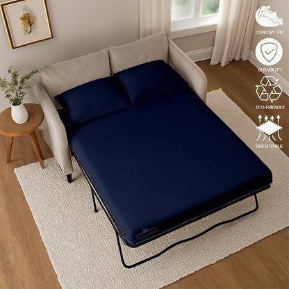 Sleeper Sofa 4 Piece Bed Sheet Set Premium Quality 100% Cotton 500 Thread Count, Smooth & Super Soft Sateen Weave, Extra Soft Bed Sheets, Wrinkle Free, 8 Inch Deep Pocket (Twin, Navy)