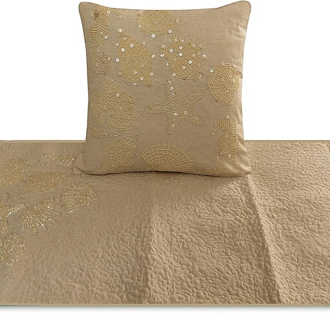The HomeCentric King Queen Twin Beige Handmade King 90"x18" Bed Runner with Pillow Cover, Pearl Embroidery Bed Scarf on Linen Fabric - Off to The Sea