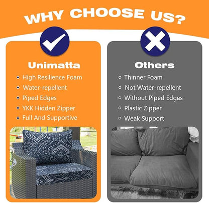 Outdoor Patio Chair Cushions Set, 24" x 24", Set of 2, Water-Repellent, Fade Resistant, Deep Seat Bottom and Back Cushion for Backyard, Couch, Sofa and Patio Furniture, Damask Blue Flower