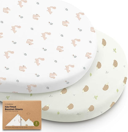 2-Pack Baby Bassinet Sheets Girl, Boy - 33x17 Viscose Derived from Bamboo Bedside Mattress Fitted Bassinet Sheets, Compatible with Halo Bassinest Swivel Sleeper, Baby Delight, Graco(Nibbles/Bruce)