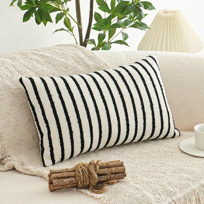 Jonhier White Striped Lumbar Boho Throw Pillow Cover, Modern Boucle Textured Rectangle Pillowcase for Sofa Couch Bed, Neutral Farmhouse Accent Decorative Cushion Cover for Living Room, 12 x 20 inch