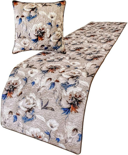 The HomeCentric King/Queen/Twin Ivory Luxury Queen 74"x18" Bed Runner with Two Pillow Cover, Floral, Quilted Bed Scarf on Satin Fabric - Floral Harmony