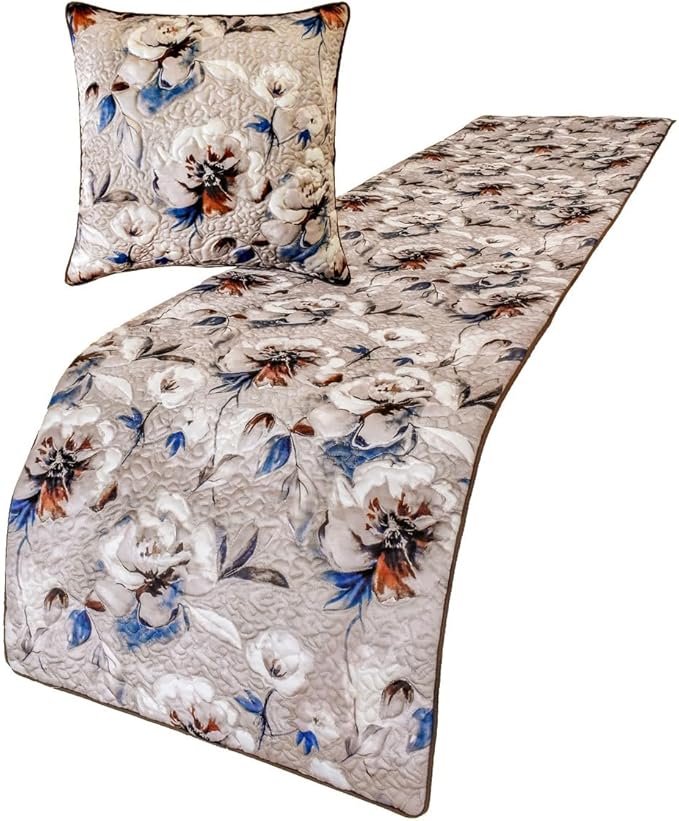 The HomeCentric King/Queen/Twin Ivory Decorative CA King 86"x18" Bed Runner with Two Pillow Cover, Floral, Quilted Bed Scarf on Satin Fabric - Floral Harmony