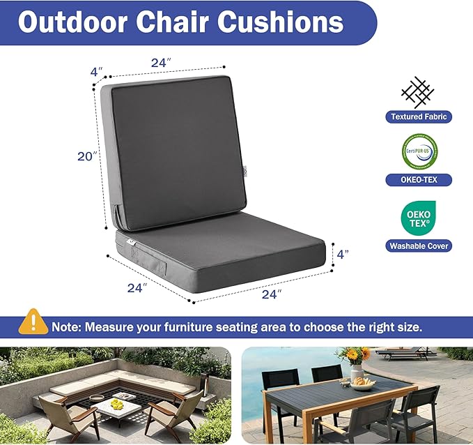 Outdoor Chair Cushions, Waterproof Patio Chair Cushions 24x24x4 Inch, Outdoor Cushions with Removable Cover for Sofa, Fade Resistant Patio Cushions for Outdoor Furniture, Dark Grey