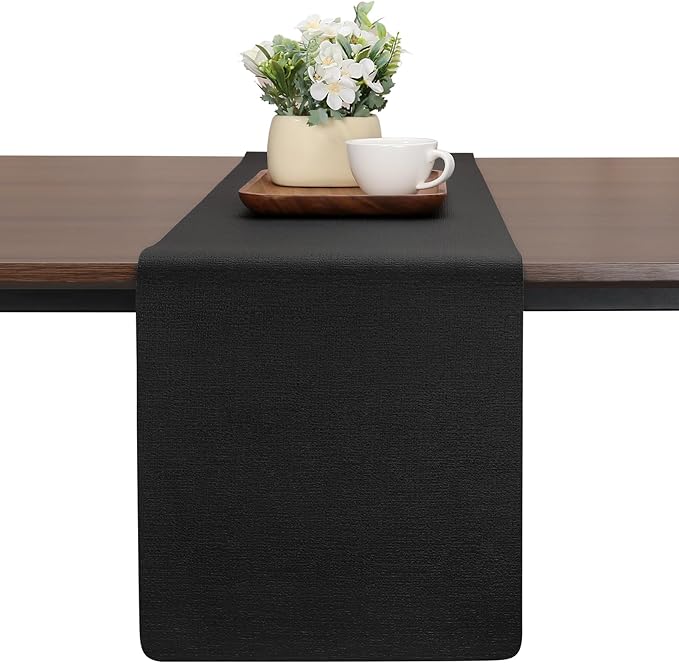 Table Runners 55 Inches Long, Dual-Sided Faux Leather Farmhouse Table Runner Waterproof Heatproof Non-Slip for Living Room Party Home Decor Holiday Decorations(Black, 12 x 55 Inch)