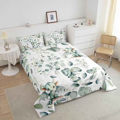 Erosebridal Boys Magic Animal Toddler Bedding Sets Cute Dragon Comforter Set, Cartoon Wildlife Bedding Comforter Sets Green Leaf Duvet Insert, Spring Plant Down Comforter Child Kids Bedroom Decor