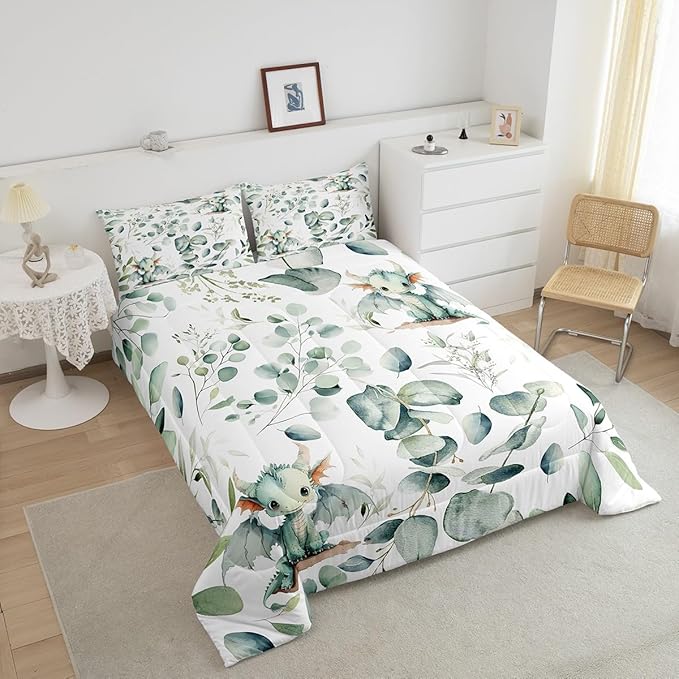 Erosebridal Boys Magic Animal Bedding Queen Size Cute Dragon Comforter Set Queen, Cartoon Wildlife Duvet Insert Green Leaf Quilt Set, Spring Plant Bedding Comforters & Sets Child Kids Bedroom Decor