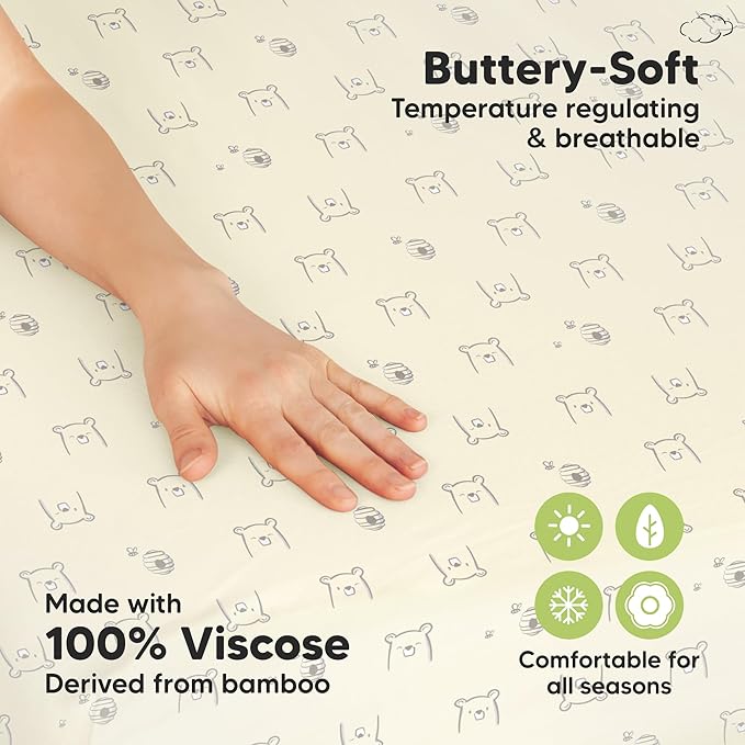 Pack and Play Sheets Fitted - 2-Pack Mini Crib Sheets for Pack N Play Mattress 38x26, Soft & Cozy, Neutral Toddler Playard Bedding, Snug Fitted Mini Baby Crib Mattress Cover Boy, Girl (Bumble Bear)