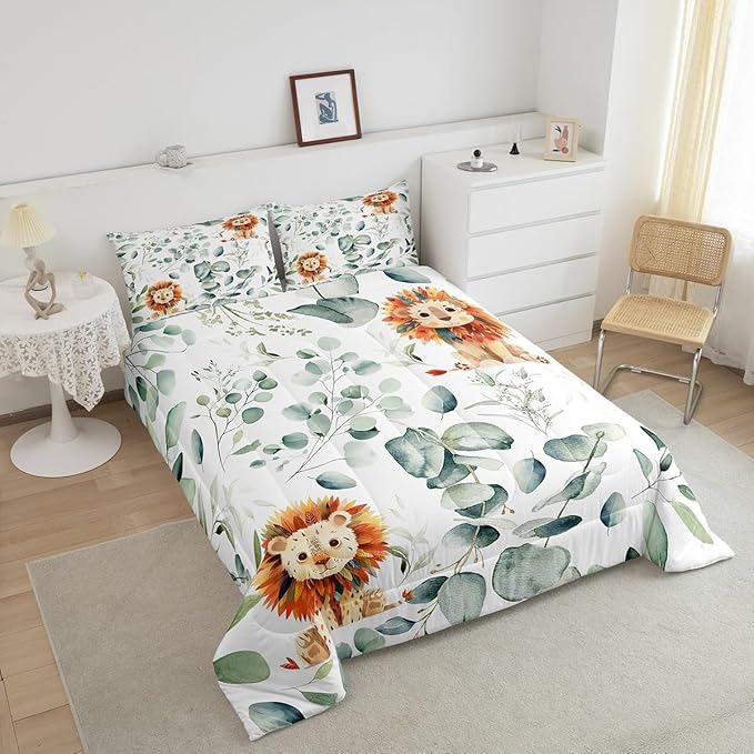 Erosebridal Cute Lion King Size Comforter Set for Kids Child Green Eucalyptus Bedding Set, Woodland Animal Down Comforter Botanical Plant Leaves Bed Set, Cartoon Wildlife Quilted Duvet