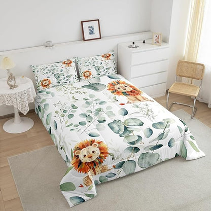 Erosebridal Cute Lion King Size Comforter Set for Kids Child Green Eucalyptus Bedding Set, Woodland Animal Down Comforter Botanical Plant Leaves Bed Set, Cartoon Wildlife Quilted Duvet