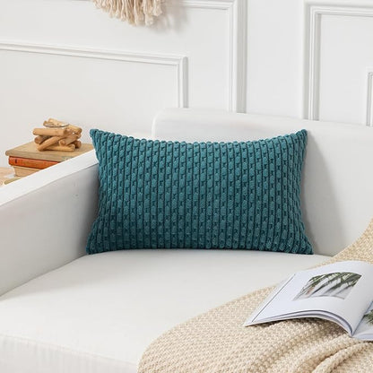 Kevin Textile 14x24 Inch Pillow Cover 1 Pack Boho Decorative Soft Striped Corduroy Lumbar Farmhouse Color Accent Rectangle Cushion Case for Living Room Couch Sofa Bed, Teal Blue