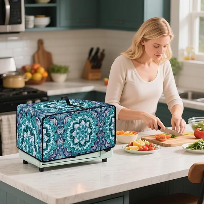 Boho Mandala Lotus Flower Print Microwave Oven Dust Cover with Storage Bags Toaster Oven Cover Polyester-Linen Fabric Small Appliance Dust Covers Fingerprint Protection, S