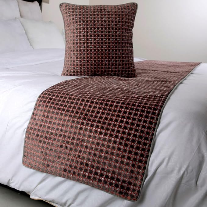 The HomeCentric Grey Bed Runner, Queen Size 74"x18" Decorative Bed Runner with 2 Matching Pillow Cover, Peach & Grey Velvet Bed Scarf in Sequins Embroidery - Ditto Dots