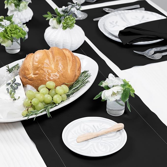 Solino Home Linen Black Table Runner 156 Inches Long - 100% Pure Linen Extra Long Table Runner 14 x 156 Inch for Christmas, New Year - Classic Hemstitch