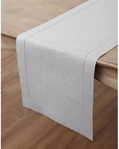 Solino Home Linen Soft Grey Table Runner 36 Inches - Classic Hemstitch, 100% Pure Linen Coffee Table Runner 14 x 36 Inch Ideal for Dresser Tables - Winter, Christmas, New Year