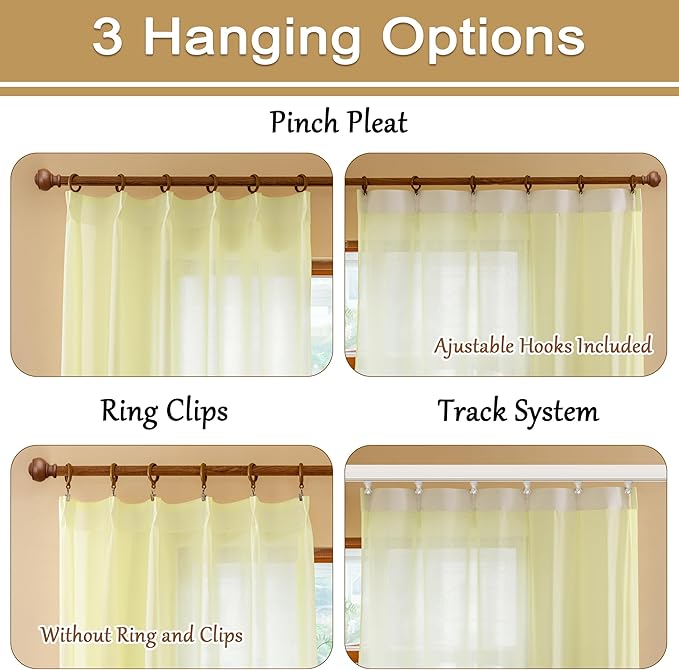 MAIHER Light Yellow Pinch Pleat Curtains 96 Inches Long for Bedroom Soft Touch Sheer Light Filter Pleated Drapes with Ajustable Hooks for Living Room, Pear Sorbet, 42" W x 96" L, 2 Panels