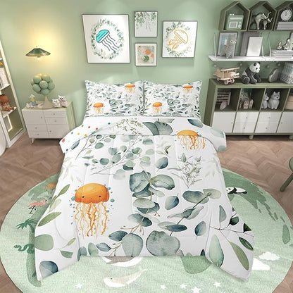 Erosebridal Kawaii Jellyfish Toddler Bedding Sets for Boys Girls Cartoon Animal Comforter Set, Eucalyptus Leaves Bedding Comforter Sets Ocean Wildlife Duvet Insert, Tropical Plants Down Comforter