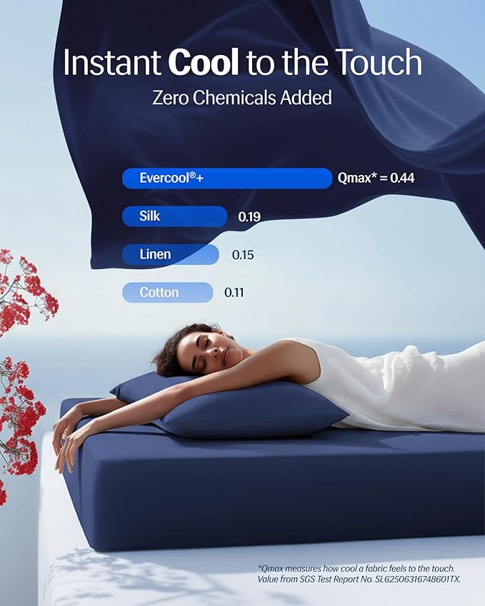 REST® Evercool®+ Cooling Sheet Set, Cali King, Midnight Blue, Breathable Bed Sheets for Hot Sleeper and Night Sweats, with Pillowcases, with Ionic+ Self-Cleaning Silver Yarn for Sensitive Skin, 4PCS