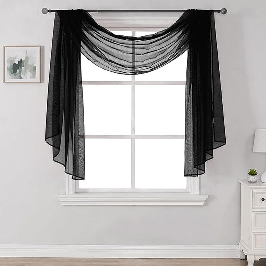 DONREN Luxury Soft Sheer Curtains Scarf for Windows - Semi Voile Window Scarf Valance,34 Inches Wide by 144 Inches Long (1 Panel,Jet Black)