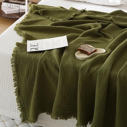 MorroMorn 100% Cotton Muslin Blanket with Fringes Twin Size 60"x80", 4-Layer Gauze Blankets for Adults, Boho Bedding Breathable Lightweight Ultra-Soft for Couch Bed All Seasons, Olive Green