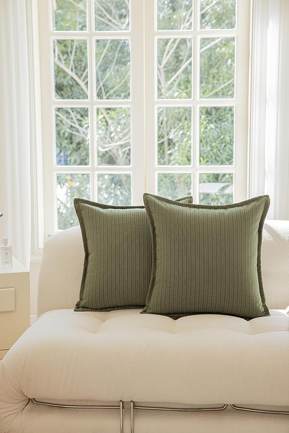 Set of 2 Cozy Striped Herringbone Flange Throw Pillow Covers, Aesthetic Embossed Pattern Pillow Covers for Couch and Bed - 20"x20", Sage Green