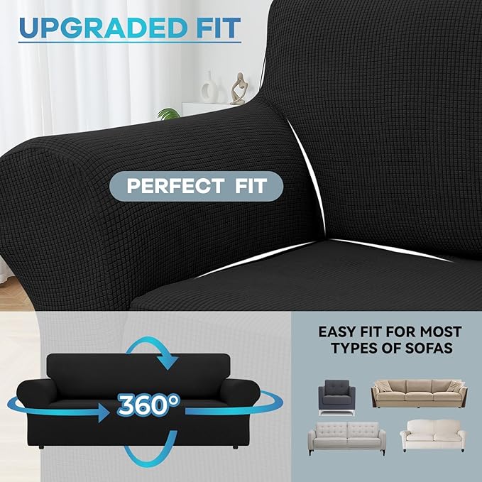 LURKA Stretch Loveseat Sofa Slipcovers 1 Piece Couch Covers for Sofa Furniture Protector Full Sofa Covers with Elastic Bottom for Kids and Dog (Medium, Black)