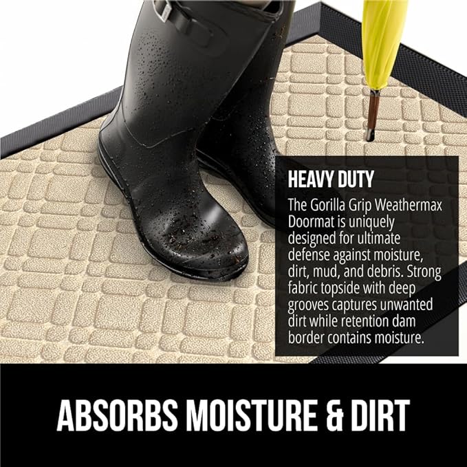GORILLA GRIP 100% Waterproof All-Season WeatherMax Doormat 35x23, US Designed Natural Rubber, Stain and Fade Resistant, Low Profile Indoor Outdoor Door Mats, Easy Clean Patio Mat, Modern Latte