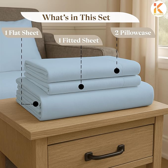 Sleeper Sofa Bed Sheet Set - Queen Size 4 PC's Sheet Set Sofa Bed Sheets - 100% Cotton 400 Thread Count Sofa Sheets - Sleeper Sofa Sheets - Fits Mattresses Up to 6" Drop - Light Blue