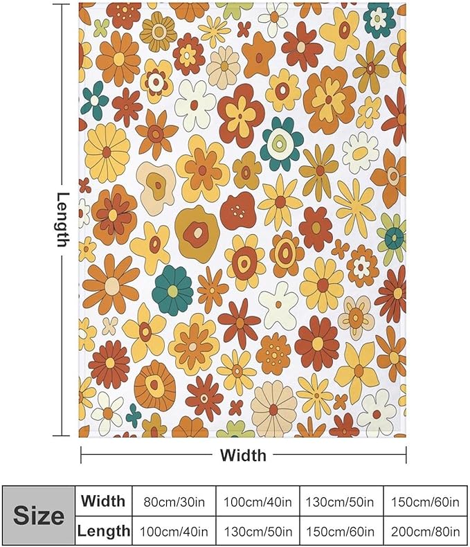 Vintage Hippie Floral Blanket, 70s Boho Abstract Yellow Orange Flowers Funny Print Throw Blanket for Holiday Theme Home Decor Bedding Couch 60"x80"