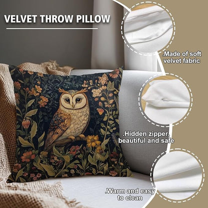 YOU FOUND ME William Morris Abstract Vintage Floral Velvet Owl Design Throw Pillow Covers Home Decor, Retro Art Deco Pillowcase Cushion Cover for Bed Sofa Living Room, Square 18x18inch (Brown-Owl)