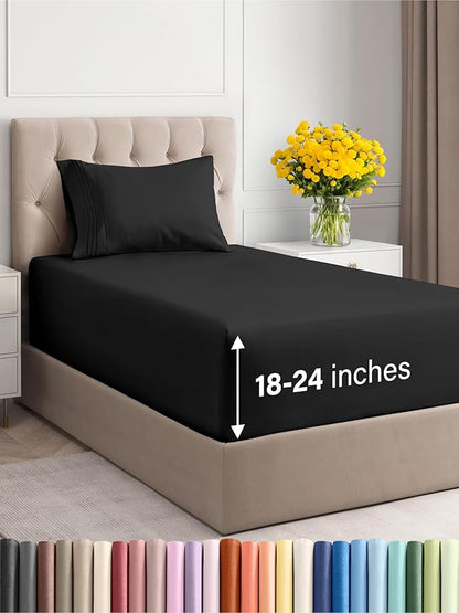 Extra Deep Pocket Twin XL Sheets - 3 Piece Breathable & Cooling Bed Sheets - Hotel Luxury Bed Sheet Set - Soft, Wrinkle Free & Comfy - Easily Fits Extra Deep Mattresses - Deep Pocket Black Sheets Set