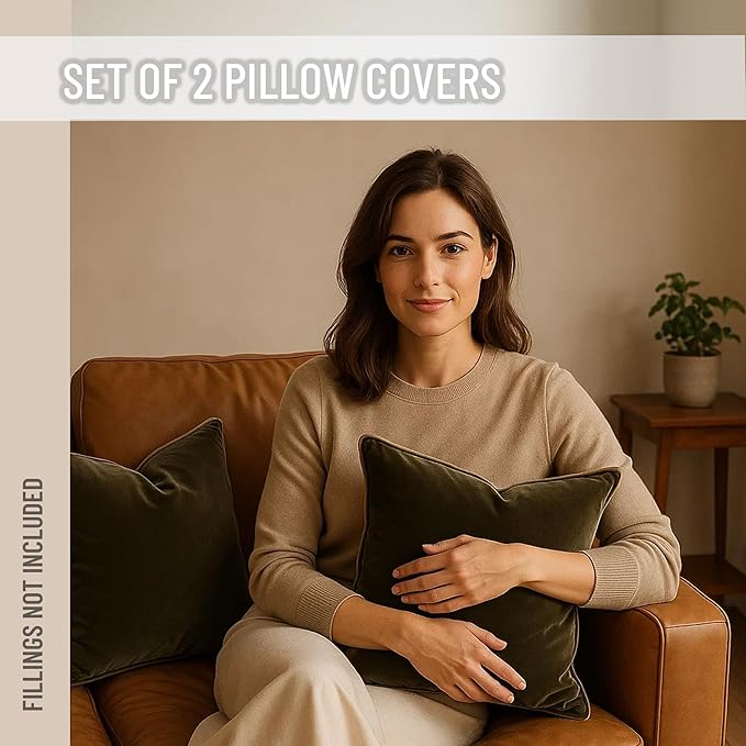 2 Pack Velvet Decorative Throw Pillow Covers, 18"x18", Green and Camel, Solid, Modern, Contrast Piping, Indoor Use, Bedroom & Living Room