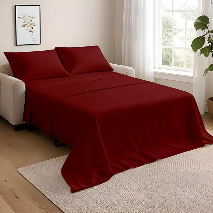 NON Sticky cotton Full Size Sleeper Sofa Sheets, 4 Piece Egyptian Cotton Bed Sheet Set for Sofa Bed, 10" Deep Pocket for Pull Out Couch Mattress, 54" x 75", Burgundy Solid, Soft & Breathable