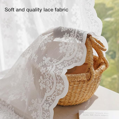 Anmao Vintage Lace Curtains 45 Inches Long 2 Panels Set, Romantic Elegant Light Filtering Semi Sheer Floral Thick Lacy Curtain Drapes for Living Room and Bedroom, Each Panel 55W x 45L, Bright White
