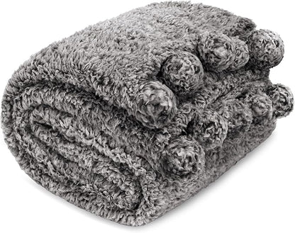 PAVILIA Grey Sherpa Throw Blanket for Couch, Warm Plush Pom Blanket Throw, Gray Fuzzy Sofa Throw, Lightweight Soft Cozy Fluffy Blanket with Pom Poms, Heather Grey, 50x60