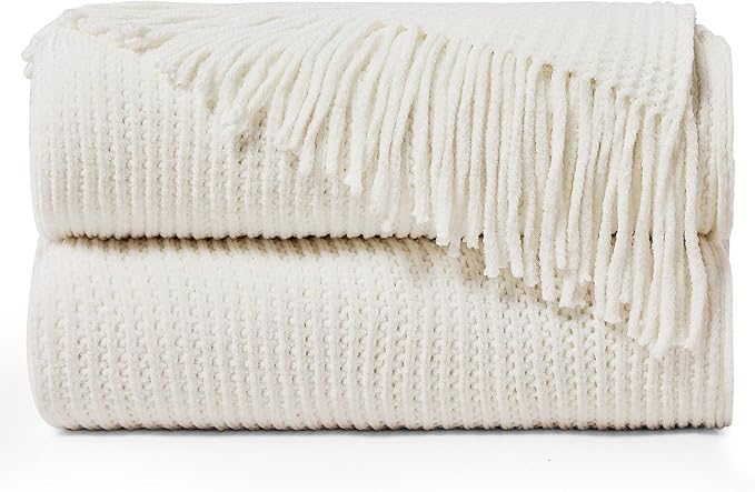 inhand Throw Blanket for Couch Bed,Chunky Chenille Woven Soft Blankets with Tassels, Cozy Boho Farmhouse Fall Winter Decor,Warm for Women,60"x80",Extra Thick-Off White