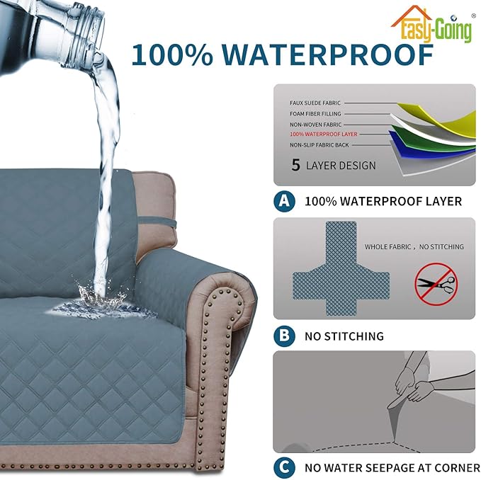 Easy-Going Sofa Slipcover Chair Cover Waterproof Couch Cover Washable Sofa Cover Non-Slip Fabric Furniture Protector with Pocket for Pets Covers Pets Kids Children Dog Cat (Chair, Light Blue)