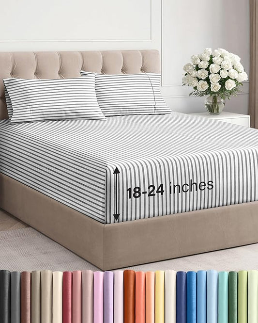 Extra Deep Pocket King Sheets - 4 Piece Breathable & Cooling Bed Sheets - Hotel Luxury Bed Sheet Set - Soft, Wrinkle Free & Comfy - Easily Fits Extra Deep Mattresses - Deep Pocket Grey Striped Sheets