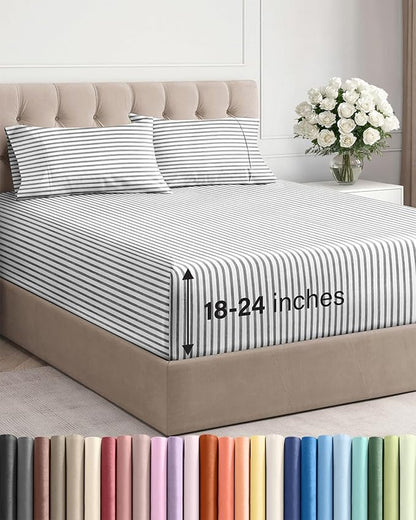 Extra Deep Pocket Cal King Sheets - 4 Piece Breathable & Cooling Bed Sheets - Hotel Luxury Bed Sheet Set - Soft, Wrinkle Free & Comfy - Easily Fits Extra Deep Mattresses - Grey Striped Sheets Set