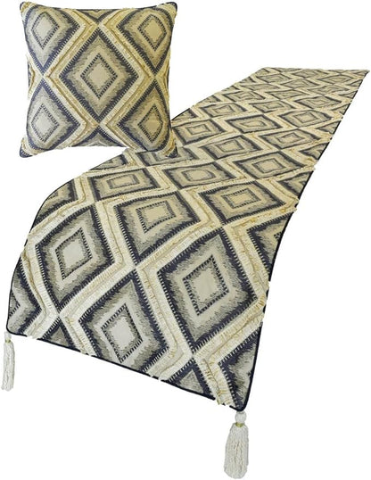 The HomeCentric King/Queen/Twin Blue Decorative CA King 86"x18" Bed Runner with 2 Pillow Cover, Lace & Moroccan Decor Bed Scarf on Jacquard Fabric - Akida