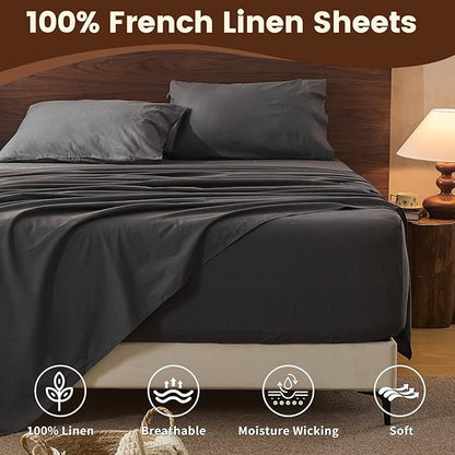 100% Linen Sheet Set Queen Size Extra Deep Pocket Fits 18-24 Inch Mattress, Breathable & Soft, Smooth 6-Piece Set for Thick Mattresses Hotel Luxury Bedding（Queen, Dark Grey）