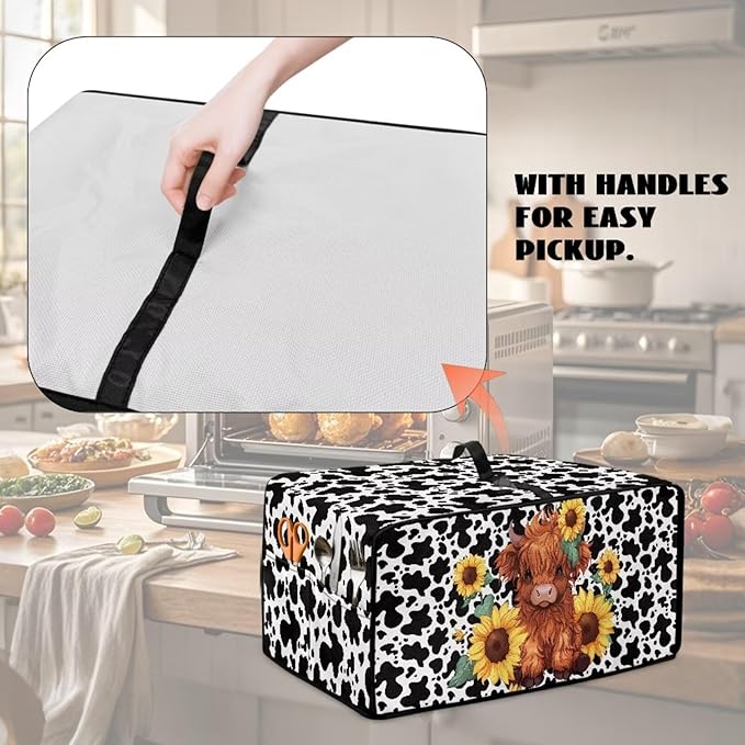 Microwave Oven Cover with Storage Pockets Waterproof Toaster Oven Dust Cover Universal Kitchen Appliance Protector, Cartoon Highland Cattle Sunflower Cow Print, M