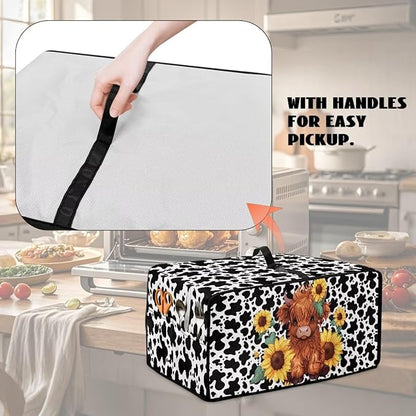 Microwave Oven Cover with Storage Pockets Waterproof Toaster Oven Dust Cover Universal Kitchen Appliance Protector, Cartoon Highland Cattle Sunflower Cow Print, M