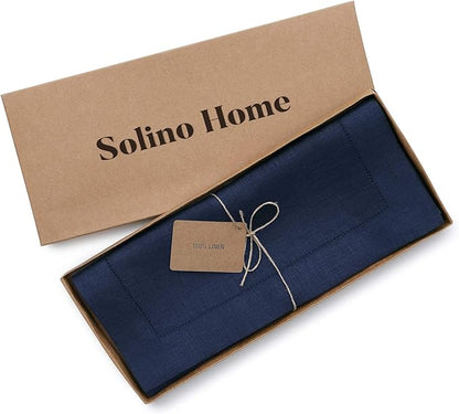 Solino Home Linen Navy Blue Table Runner 60 Inches - Classic Hemstitch, 100% Pure Linen Coffee Table Runner 14 x 60 Inch Ideal for Dresser Tables - Christmas, New Year