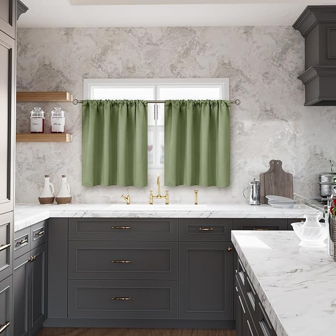 BGment Olive Green Short Blackout Curtains 36 Inch Length for Kitchen Window - Rod Pocket Thermal Insulated Small Room Darkening Drapes for Bedroom Basement RV Privacy, 42 x 36 Inch, 2 Panels