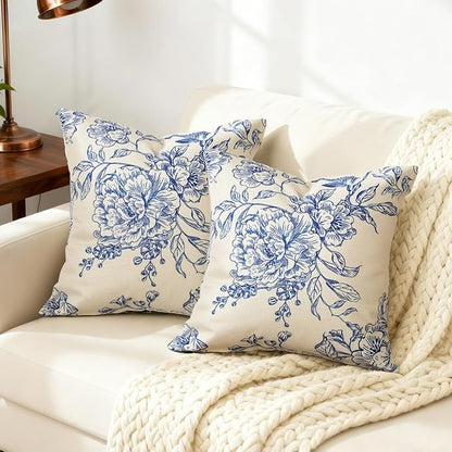 Vintage Floral Pillow Cover 18x 18 Set of 2,Blooming Flower Decorative Waterproof Linen Pillow Cushion Case,Modern Home Decor for Outdoor Couch Bedroom Car Blue and White